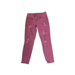 YMI Wanna Betta Butt? Jeans Size 0 Burgundy‎ Skinny Distressed Stretch 24X24